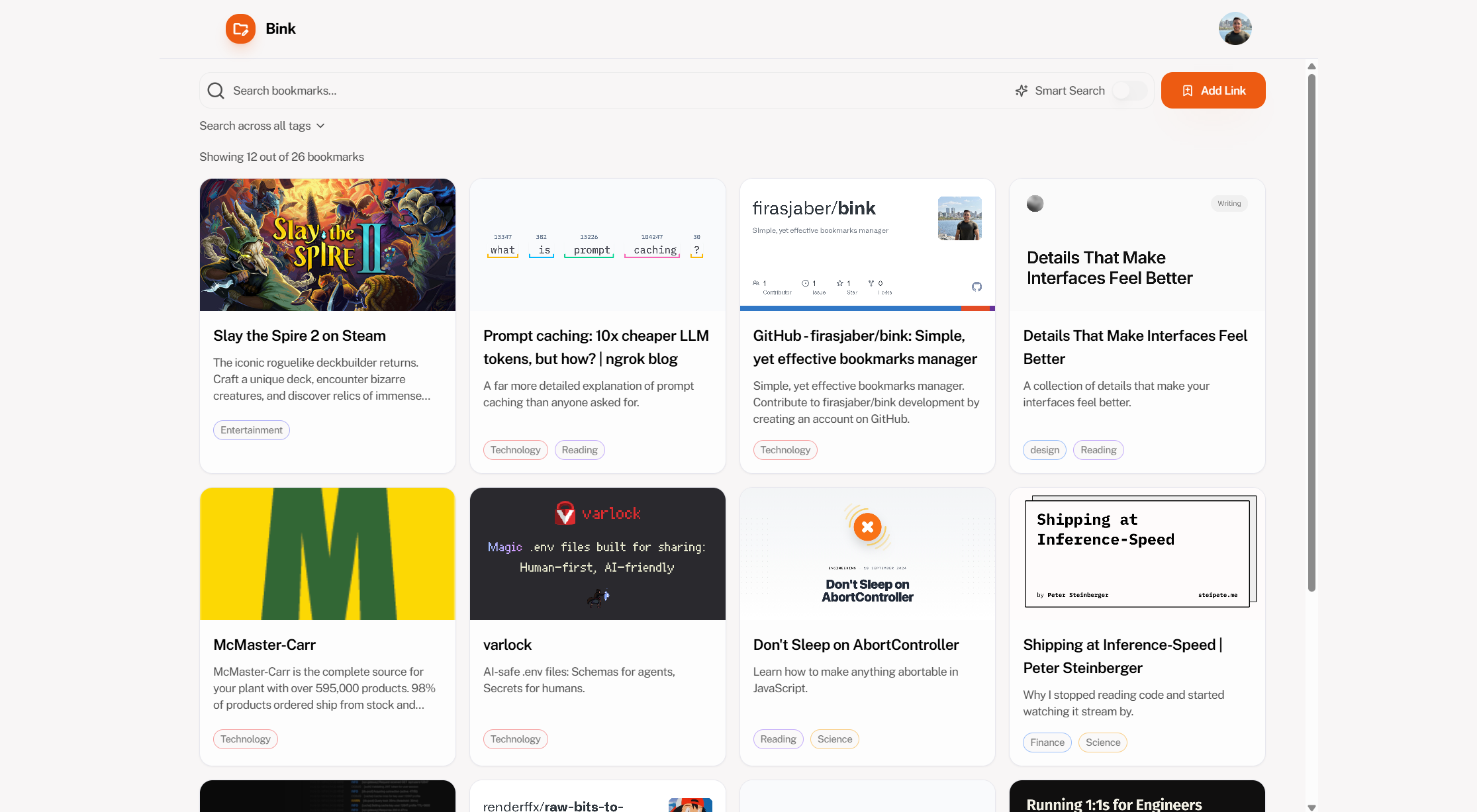 Bink dashboard showing saved bookmarks and cards