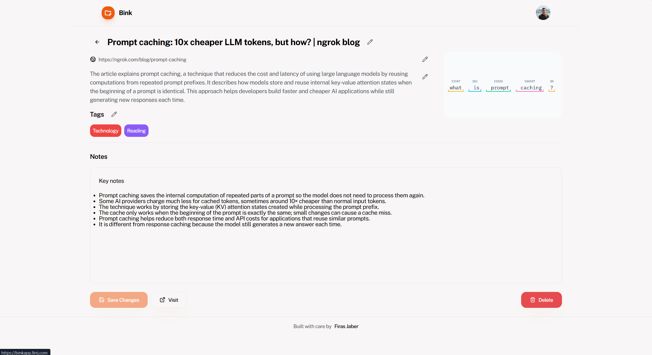 Bink bookmark detail showing tags and organization